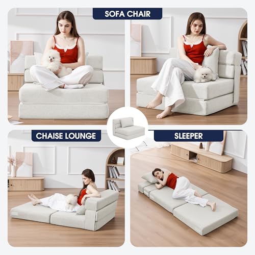 3-in-1 Foldable Chair Bed, Folding Sleeper Chair with Back Cushion, Convertible Sofa Bed for Adults, Cream Beige - color: Beige, size: Modern