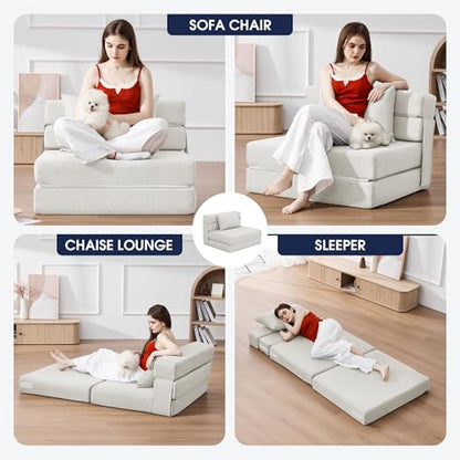3-in-1 Foldable Chair Bed, Folding Sleeper Chair with Back Cushion, Convertible Sofa Bed for Adults, Cream Beige - color: Beige, size: Modern