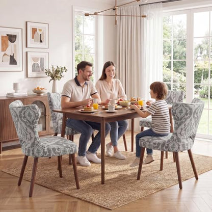 Wooden Dining Chairs Set of 4, Mid Century Dining Room Chairs with Solid Wood Legs, Upholstered Fabric Kitchen Chairs with Ergonomic Curved Backrest for Kitchen Dining Room, Jacquard - color: Jacquard, size: Set of 4