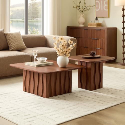 Nesting Coffee Table Set of 2 with Wavy Fluted Base, Brown | 31.5" & 21.65", 2PCS Center Tables, Square Tea Table, Easy to Assemble, Mid-Century Modern, for Living Room Office - color: 31.5" & 21.65" - Brown