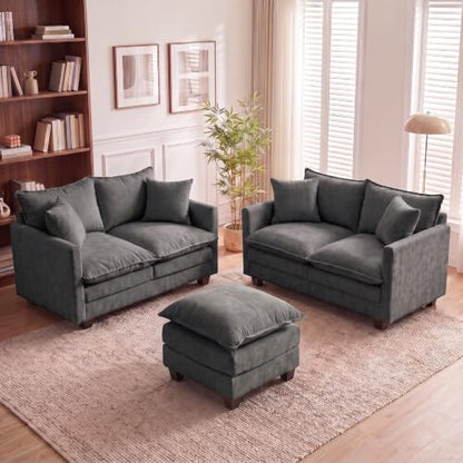 50'' Loveseat Sofa Set with Ottoman, Small Couch Set 2 Piece Cloud Love Seat 27" Deep Seat Washable Pillows Couches for Small Spaces Apartment Living Room, Grey - color: Grey, size: 50"+50"L