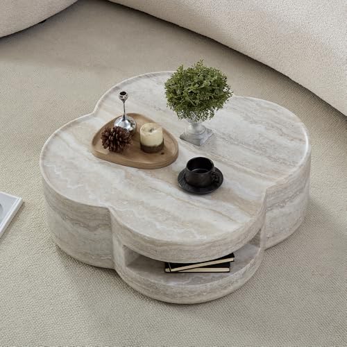 31.5" Faux Marble Coffee Table with Four‑Leaf Clover-Shaped, Modern Mars-Pattern Fiberglass Faux Stone Center Table Accent Tea Table for Living Room, No Assembly (Beige) - color: 31.5" Four‑leaf Clover-shaped Coffee Table,beige