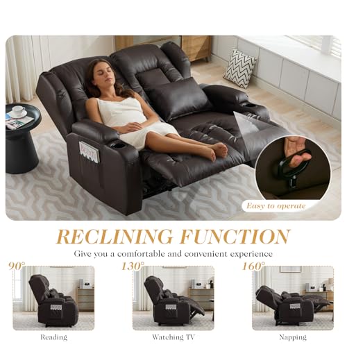 Loveseat Recliner Sofa,RV Wall Hugger Recliners for Small Spaces,Reclining Loveseat Sofa Recliner with Cup Holders/Lumbar Pillows,RV Furniture (Brown, 56" 2-Seater) - color: Brown, size: 56" 2-Seater
