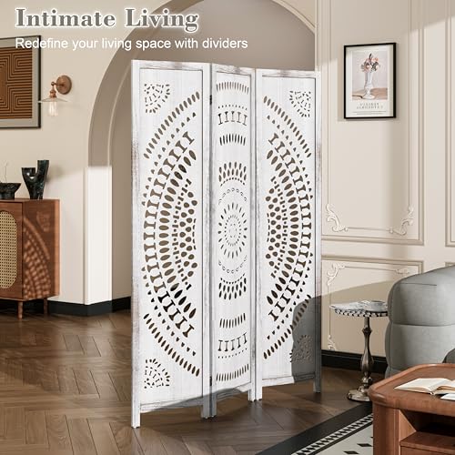 WelFurGeer Handcrafted Carved Wooden Room Divider Screen, Folding Privacy Screen for Room Separation, Decorative Room Dividers, 360° Adjustable Folding Panels for Privacy, Home, Office & Patio - color: White, size: 3 Panels