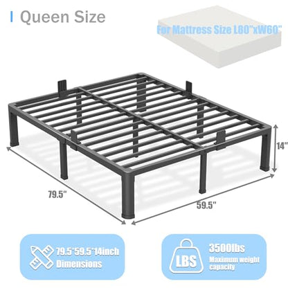 14 inch Queen Bed Frame with Round Corner Legs Mattress Slide Stopper,3500 lbs Heavy Duty Metal Platform,Steel Slats Support,No Box Spring Needed,Easy Assembly,Noise Free - size: Queen, style: 14 inch