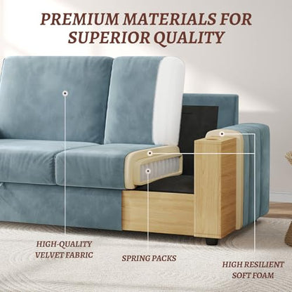 COPIAE Loveseat Sofa, Larger Couch Velvet Fabric with Storage, Charging Ports, Heightened Backrests, Removable Cover Modern Comfy Couches Easy Assembly for Living Room, 88 Inch Blue - color: Blue