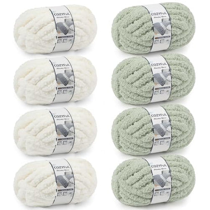 Cozyful Chunky Yarn for Hand Knitting - #10 Chunky Chenille Yarn, Jumbo Big Thick Chunky Yarns for Crocheting, Super Bulky Chunky Knit Blanket Yarns, 8 Skein (22yd, 8oz/Skein), Cream & Sage - color: Cream & Sage