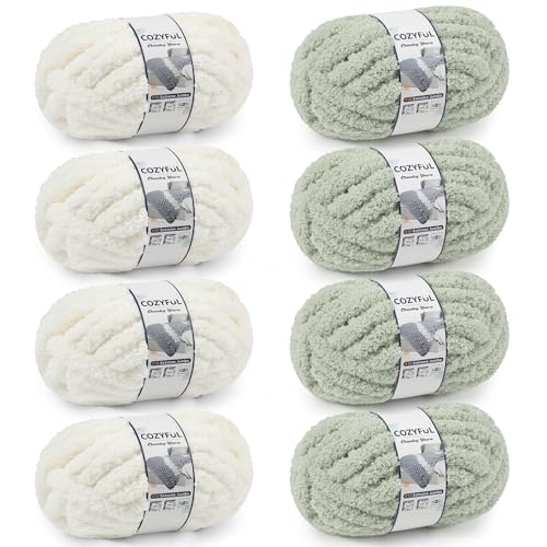 Cozyful Chunky Yarn for Hand Knitting - #10 Chunky Chenille Yarn, Jumbo Big Thick Chunky Yarns for Crocheting, Super Bulky Chunky Knit Blanket Yarns, 8 Skein (22yd, 8oz/Skein), Cream & Sage - color: Cream & Sage