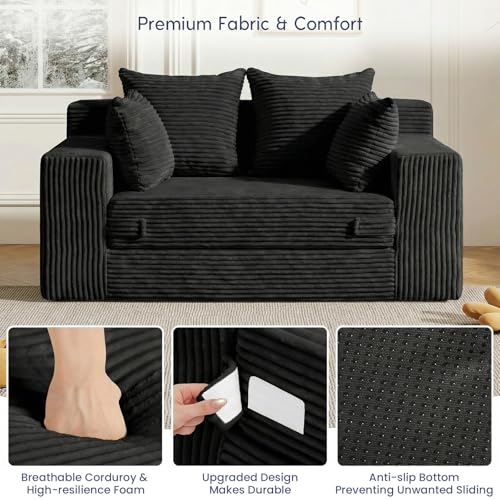 cidludto Boneless Couch Loveseat Sleeper, Convertible Sofa Bed Folding Couch Bed Foldable, 2 in 1 Boneless Chair Bed & Futon Sofa Bed, Small Pull Out Sofa with 4 Pillows for Living Room, Black - color: Black, size: Loveseat-55''