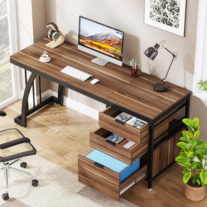 Tribesigns Computer Desk with 3 Drawers, 59-Inch PC Desk with Reversible Drawers, Industrial Study Writing Table Workstation with File Storage for Home Office, Walnut - color: Walnut