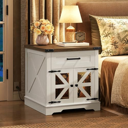 White Farmhouse End Table with Charging Station, 24" Large Sofa Side Table with Drawer, Large End Table for Living Room, Wooden Nightstand with Outlet, Square, White and Walnut - color: White and Walnut