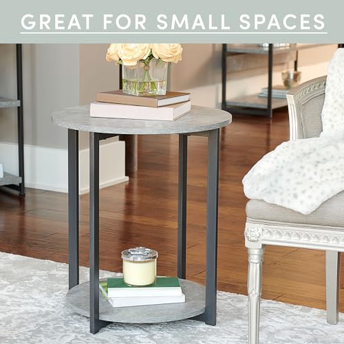 Household Essentials Jamestown Round Side End Table with Storage Shelf Rustic Slate Concrete and Black Metal - color: Slate