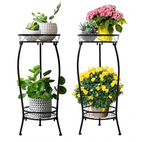 2 Pack Plant Stand Indoor Outdoor 2 Tier 27" Tall Metal Potted Holder Rack Flower Pot Stand Heavy Duty Plant Shelf Rustproof Iron Multiple Plant Round Supports Rack for Planter Corner Garden