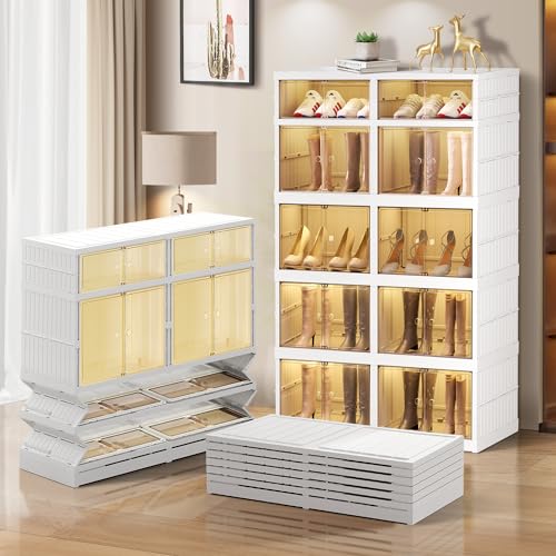 CIMLORD 5-Tier Foldable Shoe Rack Organizer for Boots, 20 Pairs, White | Collapsible Large Plastic Shoe Cabinet Storage, Fits Tall Boots, Stackable with Lids, Easy Assembly, for Closet & Entryway - size: 5 Tiers 20 Pairs