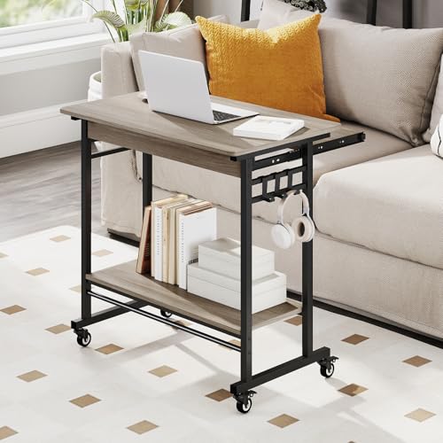 GIANTEX Rolling Computer Desk, Mobile Desk with Keyboard Tray & Wheels, Portable Laptop PC Table Cart with Shelf & Hooks, Small Desk for Small Spaces, Bedroom, Apartment (Grey Oak) - color: Grey Oak