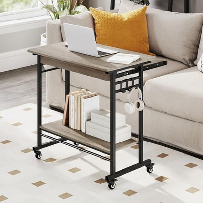 GIANTEX Rolling Computer Desk, Mobile Desk with Keyboard Tray & Wheels, Portable Laptop PC Table Cart with Shelf & Hooks, Small Desk for Small Spaces, Bedroom, Apartment (Grey Oak) - color: Grey Oak
