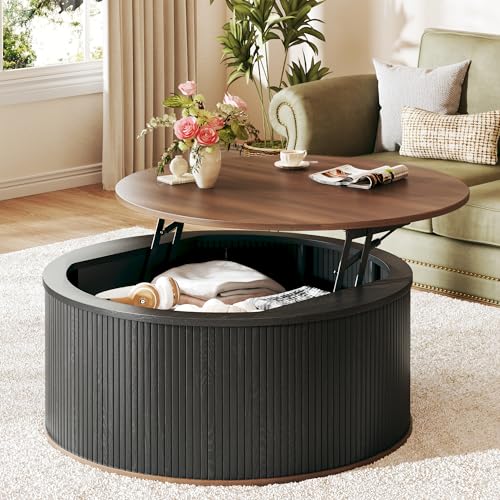 HUAHUU Round Coffee Table with Storage, 31.5" Lift Top Coffee Table, Mid Century Modern Coffee Tables for Living Room, Apartment Office, Fluted Table with Rustic Wood Desktop - color: Black & Brown, size: 31.5"D x 31.5"W x 15.9"H