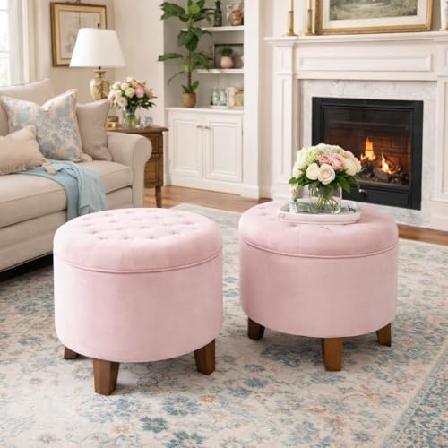 HomePop by Kinfine Fabric Upholstered Round Storage Ottoman - Velvet Button Tufted Ottoman with Removable Lid, Pink, Small - color: Pink