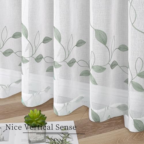 Tollpiz Sage Green Leaf Sheer Tier Curtains Leaves Embroidered Kitchen Short Curtain Rod Pocket Voile Bathroom Curtains for Cafe, 30 x 24 inches Long, Set of 2 Panels | Short Curtain Leaves Embroidered Rod Pocket Voile Bathroom Window Treatment for Cafe,
