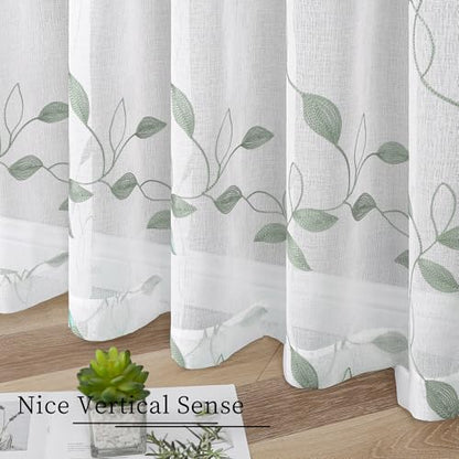 Tollpiz Sage Green Leaf Sheer Tier Curtains Leaves Embroidered Kitchen Short Curtain Rod Pocket Voile Bathroom Curtains for Cafe, 30 x 24 inches Long, Set of 2 Panels | Short Curtain Leaves Embroidered Rod Pocket Voile Bathroom Window Treatment for Cafe,
