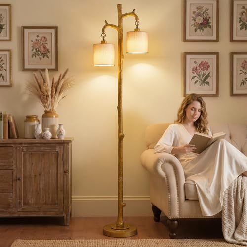 EJIAXIN Farmhouse Floor Lamp for Living Room - 69" Rustic Tree Trunk Standing Lamps - Country Resin Tall Lamp with 2 Reading Light - Tree Floor Lamp for Bedroom Office Home Decor (Ginger) - color: Ginger