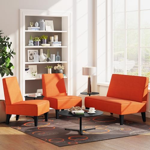 Armless Accent Chairs Set of 2, Orange Linen Slipper Chairs | Upholstered Armless Chair with Solid Wood Legs, Mid Century Modern Side Chairs for Small Living Room Bedroom Apartment - color: Orange