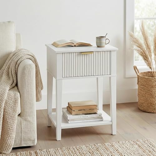 FuniXpress Small Nightstand, 15" Wide, Drawer and Shelf, White Fluted Front | Bright white tone, clean fluted front, 11.8-inch slim depth, smart storage, keeps small rooms light and organized - color: White