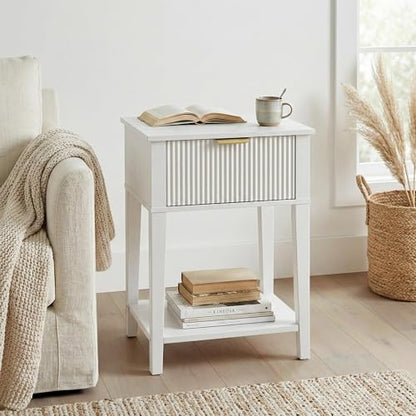 FuniXpress Small Nightstand, 15" Wide, Drawer and Shelf, White Fluted Front | Bright white tone, clean fluted front, 11.8-inch slim depth, smart storage, keeps small rooms light and organized - color: White
