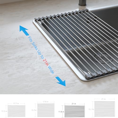 Tomorotec Roll Up Dish Drying Rack Over Sink, SUS304 Steel, 21x11.8, Gray | Heat Resistant to 550°F With Non-Slip Silicone Grips, Multipurpose Trivet for Hot Pots, Dishwasher Safe - size: 21" x 11.8"
