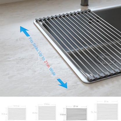 Tomorotec Roll Up Dish Drying Rack Over Sink, SUS304 Steel, 21x11.8, Gray | Heat Resistant to 550°F With Non-Slip Silicone Grips, Multipurpose Trivet for Hot Pots, Dishwasher Safe - size: 21" x 11.8"