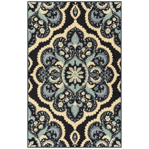 Maples Rugs Vivian Medallion Area Rug – Made in USA – Washable, Non-Slip Indoor Carpet for Kitchen, Entryway, and Living Room, 2'6 x 3'10, Persian Blue - color: Persian Blue, size: 2'6" x 3'10" (Rectangular)