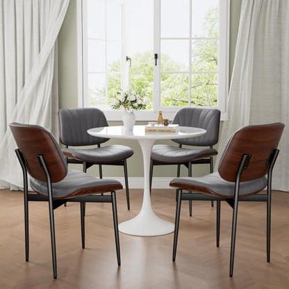 Dining Chairs Set of 2, Mid-Century Modern Upholstered PU Leather Chairs | with Walnut Back and Metal Legs Adjustable Feet for Kitchen Dining Room, Dark Gray Shell Strips - color: Dark Gray Shell Strips