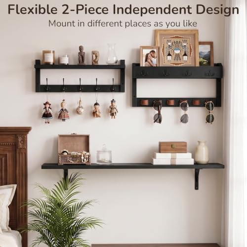 Wooden Key Holder Wall Mount with Shelf, Wall Key Rack and Mail Holder with 9 Key Hooks and 6 Sunglasses Holders, Farmhouse Key Hanger for Entryway Living Room Bedroom, Black - color: Black
