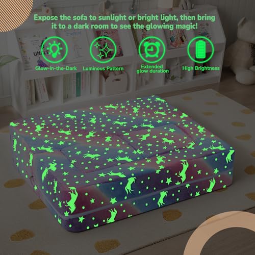 MeMoreCool Glow in Dark Rainbow Kids Couch, Modular Fold Out Play Sofa | Rainbow glow in dark kids couch folds out to bed, fort or chair, machine washable velour - color: Rainbow