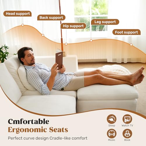 Luxanimarion 115" Cloud Boneless Sectional Couch, Deep Seat L Shaped Modular Couch with Ottoman, Oversized Upholstered Convertible 4 Seater Modular Sofa for Living Room,Black Chenille - color: Beige, size: 3 Seater + 1 Ottoman