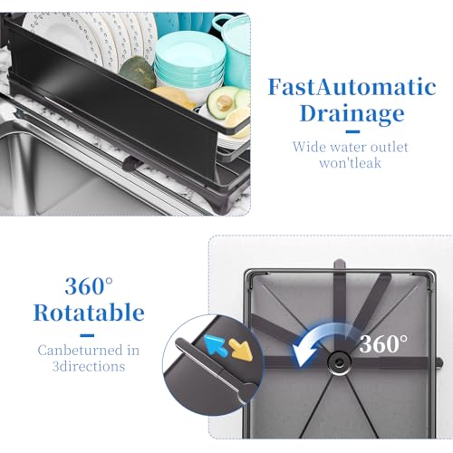 Simple Trending Dish Drying Rack for Kitchen Counter, 12" D x 16" W, Black | Stainless Steel Dish Rack for Kitchen Counter, Dish Drainer with Cutlery & Cup Holders, Anti-Rust, Counter Space Saving - size: 11.7"D x 16.5"W x 6"H