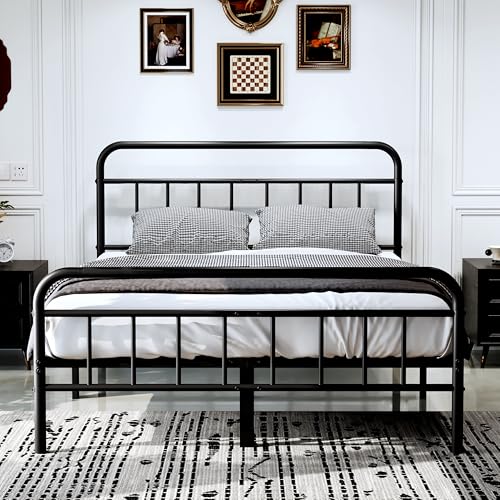 14Inch Metal Bed Frame,Queen Size Bed Frame with Upholstered Headboard,Heavy Duty Sturdy Mattress Foundation,Easy Assembly,No Box Spring Needed,Grey-Queen - color: Grey, size: Queen