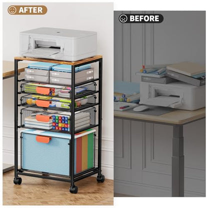 Marbrasse Rolling File Cart with 4 Storage Drawers, Mobile File Cabinet on Lockable Wheels, Hanging Filing Cabinet Organize, Under Desk Utility Cart for Home Office - Dark Brown