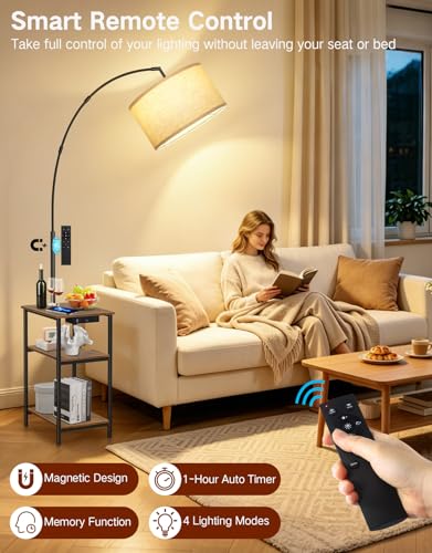76'' Tall Arc Floor Lamp with Table & Remote, Side End Table with Charging Station, Dimmable Nightstand with 3 Color Temperatures, 1-Hour Timer, 9W LED Bulb for Living Room, Bedroom - color: Rustic Brown With Beige Shade