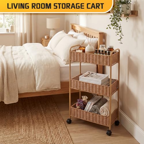Utility Slim Storage Cart,3-Tier Rolling Kitchen Office Laundry Room Cart,Mobile Shelving Unit Organizer for Living Room Bathroom Baby Diaper Narrow Places (Natural, 3 Tiers-7.1 inch (W)) - color: Natural