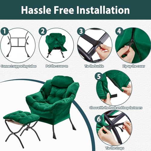 Youtanic Lazy Chair with Folding Ottoman, Accent Chair Velvet Upholstered with Metal Structure and Non-Slip Pads, Sofa Armchair with Footrest and Side Storage Bag for Dorm, Room, Office, Green - color: Green
