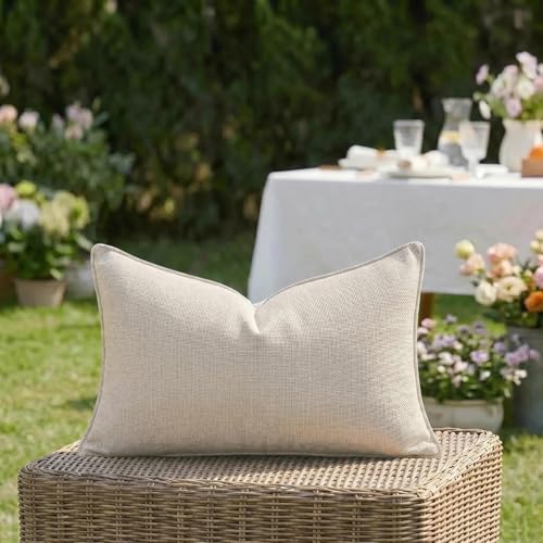 Fancy Homi Set of 2 Water Resistant Lumbar Soft Chenille Decorative Outdoor Throw Pillow Covers Solid Beige Summer Farmhouse Boho Patio Ivory Cushion Case Small 12x24 Inch for Balcony Couch Sofa Bed - color: Beige, size: 24" x 12" (Pack of 2)