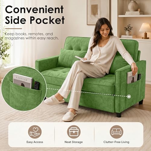 Dreamzie 55'' 3 in 1 Convertible Sofa Bed with USB Charging Ports, Pull Out Couch with Adjustable Backrest and Side Pockets, Sleeper Sofa for Living Room, Apartment, RV, Easy Assembly - Green - color: Green