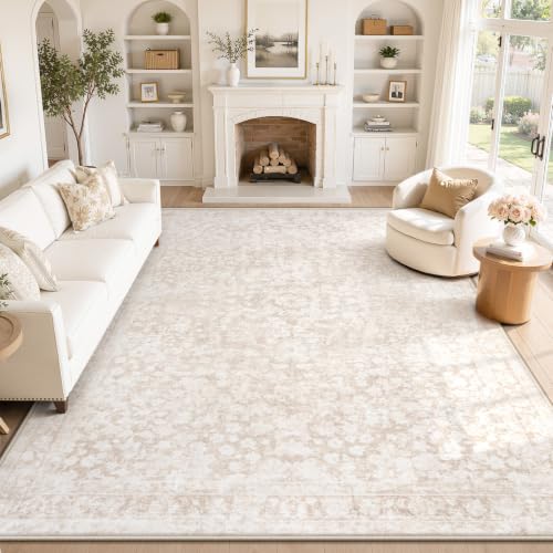 9x12 Area Rug for Living Room: Boho Vintage Washable Rug Non-Slip Soft Stain Repellent Area Rugs Indoor Low-Pile Large Carpet for Bedroom Office Dining Room Playroom Farmhouse (Beige, 9'x12') - color: Beige, size: 9' x 12' (Rectangular)