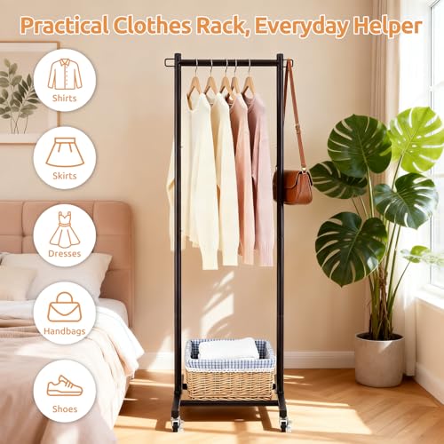 LiaMeE 63 Inch Tall Clothes Rack with Wheels, Heavy Duty Metal Garment Rack with Shoe Shelf, Rolling Clothing Rack Holds 110lbs, Small Space Wardrobe Rack for Bedroom Laundry, Black