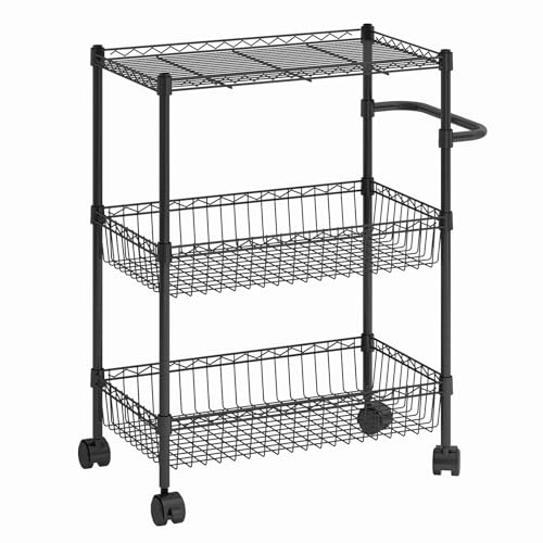 Black 3 Tier Rolling Storage Cart, Metal Wire Kitchen Cart with Baskets & Handle, Utility Trolley on Wheels for Kitchen, Bathroom, Laundry, Pantry & Office - color: Black
