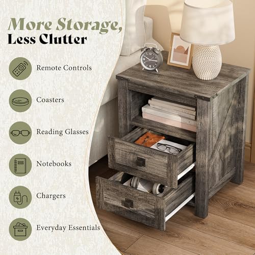AMERLIFE Farmhouse Wood Nightstand Set of 2, End Table with Drawers, Grey | Narrow/Small 18" Bedside Table with Open Shelf, Wooden Night Stand for Bedroom/Home Office, Rustic Grey Oak - color: Rustic Grey
