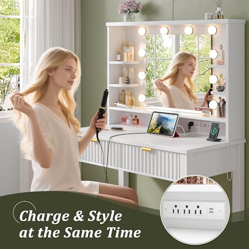Homkdom Vanity Desk with Mirror and Lights, Makeup Vanity with 2 Large Drawers & Charging Station, Dressing Table Set with Storage Stool, 3 Color Modes Adjustable, Suitable for Small Space, White - style: White