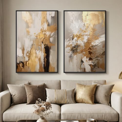 Framed Modern Luxury Brown Gold Abstract Wall Art for Living Room, 24x36 In | 2 Piece, Canvas prints, Brown gold paintings, Wood framed, Elegant luxury pictures, Dining room bedroom wall decor - color: Golden Neutral, size: 24" W x 36" H x 2Pcs