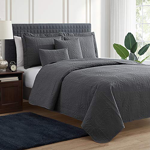 Clara Clark Quilts Twin Size - All Season Bedspread Coverlet Set, Pinsonic Weave Lightweight Bedding Set - 5 Piece Twin Quilt Set with Pillow Shams, Grid - Gray - color: 15 - Grid - Gray, size: Twin